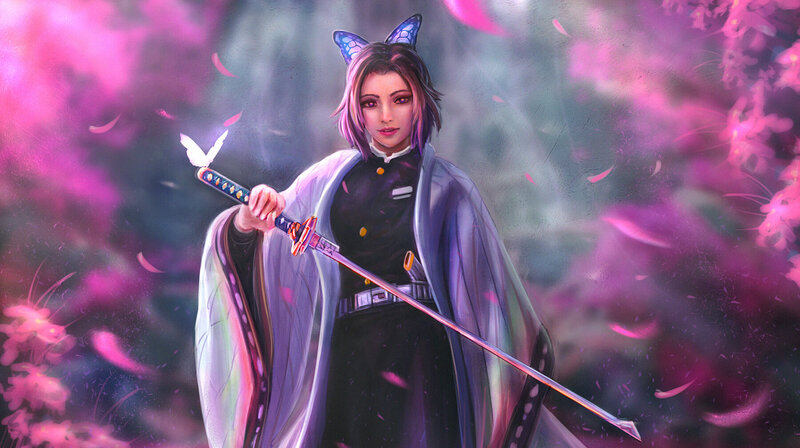 Female Warrior with Sword — Purple, Dramatic, Spring, Digital Art, Cat Ears