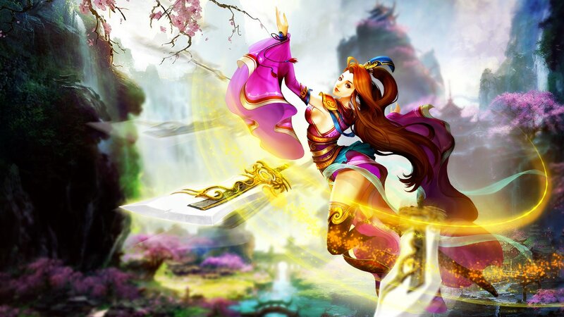 Female Warrior with Sword — Purple, Dramatic, Spring, Digital Art, Cherry Blossoms, Mountains