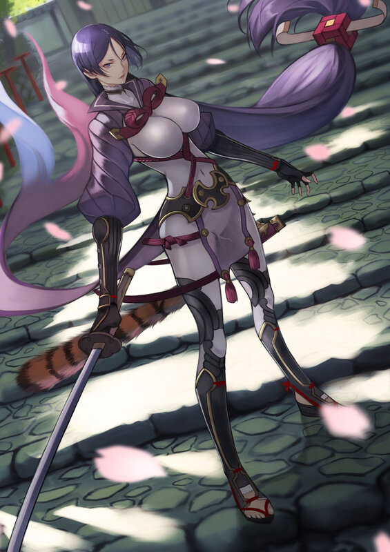 Female Warrior with Sword — Purple, Dramatic, Spring, Digital Art, Cherry Blossoms, Stone Path