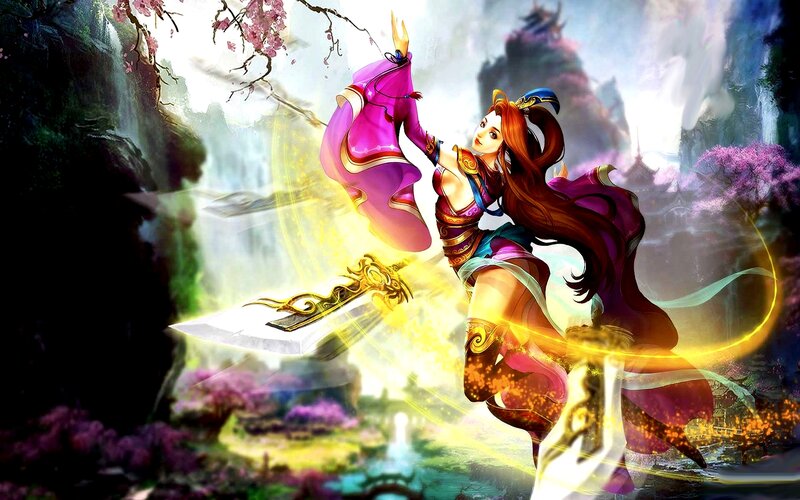 Female Warrior with Sword — Purple, Dramatic, Spring, Digital Art, Cherry Blossoms