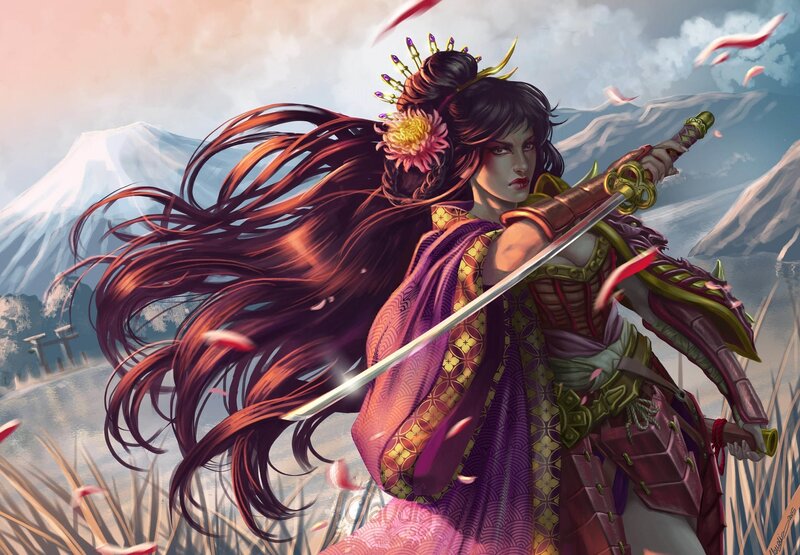 Female Warrior with Sword — Purple, Dramatic, Spring, Digital Art, Mountain