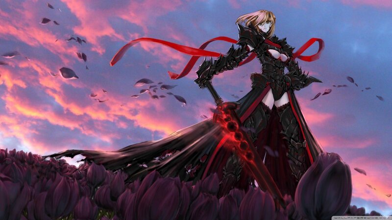 Female Warrior with Sword — Purple, Dramatic, Sunset, Anime, Tulips