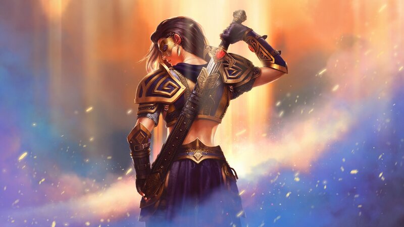 Female Warrior with Sword — Purple, Dramatic, Sunset, Digital Art, Armor, Mask