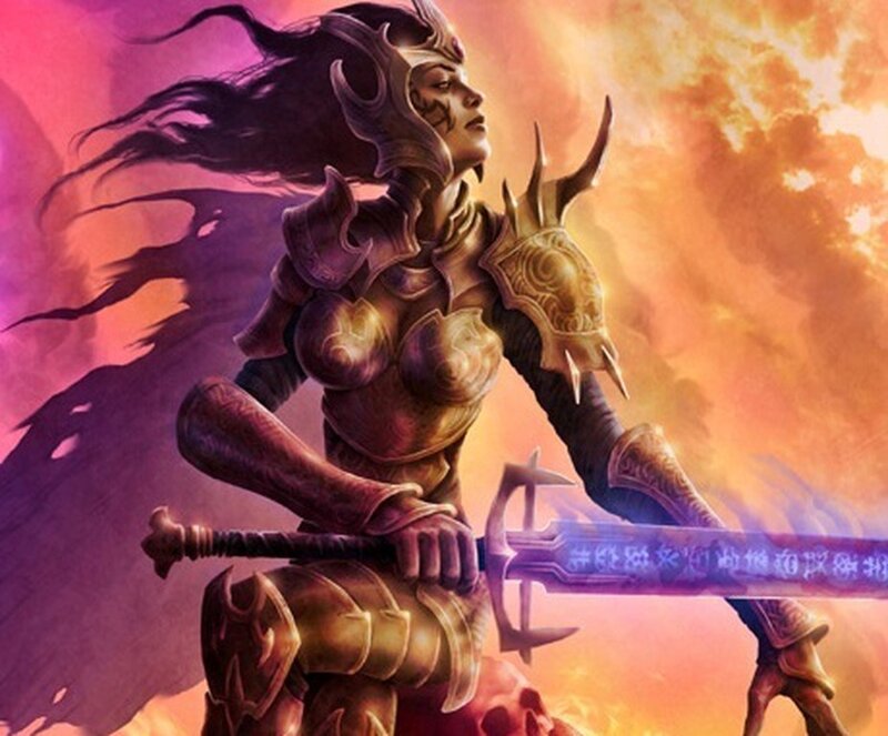 Female Warrior with Sword — Purple, Dramatic, Sunset, Digital Art, Armor, Skull