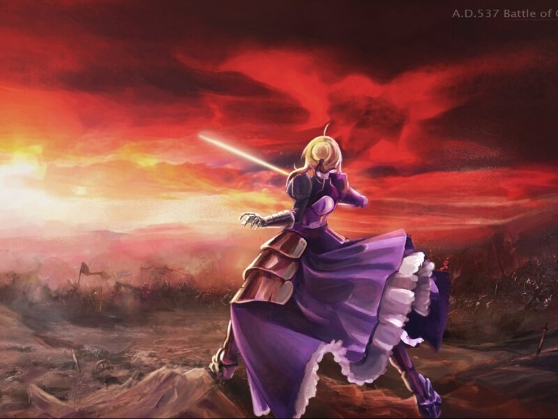 Female Warrior with Sword — Purple, Dramatic, Sunset, Digital Art, Battlefield