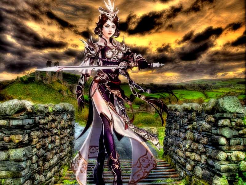 Female Warrior with Sword — Purple, Dramatic, Sunset, Digital Art, Castle Ruins