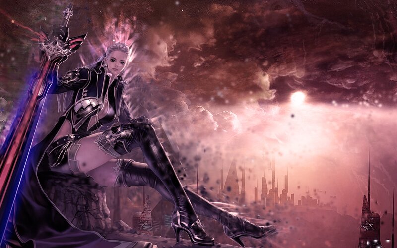 Female Warrior with Sword — Purple, Dramatic, Sunset, Digital Art, Cityscape