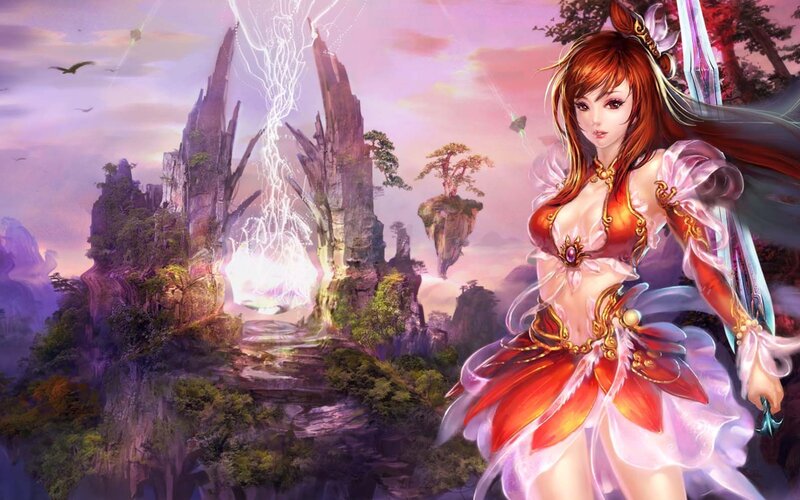 Female Warrior with Sword — Purple, Dramatic, Sunset, Digital Art, Floating Islands