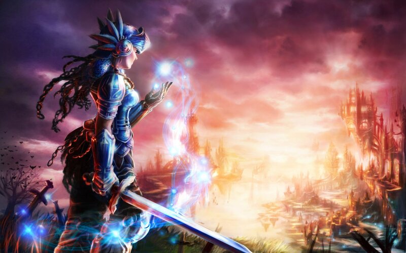 Female Warrior with Sword — Purple, Dramatic, Sunset, Digital Art, Magic, Castle