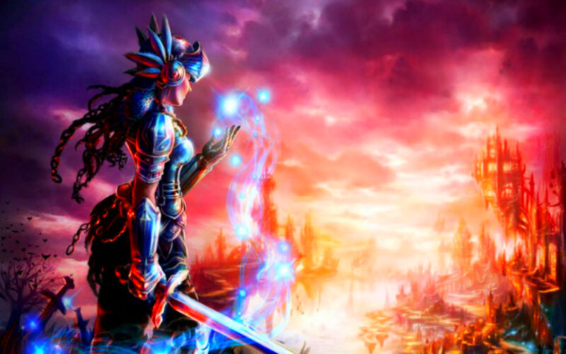 Female Warrior with Sword — Purple, Dramatic, Sunset, Digital Art, Magic
