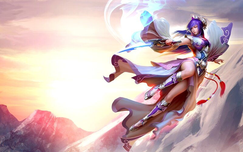 Female Warrior with Sword — Purple, Dramatic, Sunset, Digital Art, Mountain