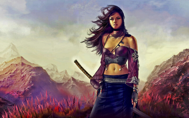 Female Warrior with Sword — Purple, Dramatic, Sunset, Digital Art, Mountains, Grass