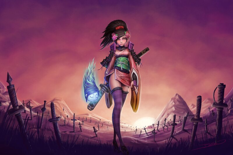 Female Warrior with Sword — Purple, Dramatic, Sunset, Digital Art, Swords in Ground, Ghostly Figure