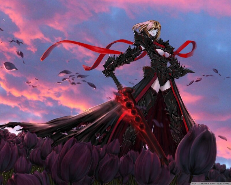 Female Warrior with Sword — Purple, Dramatic, Sunset, Digital Art, Tulips