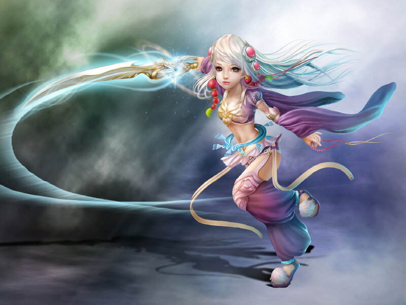 Female Warrior with Sword — Purple, Dynamic, Digital Art