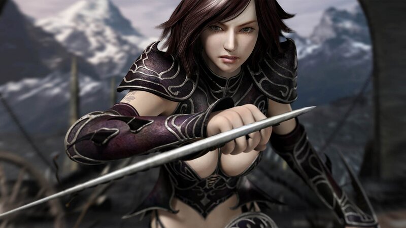 Female Warrior with Sword — Purple, Serious, 3d Render, Armor, Mountains