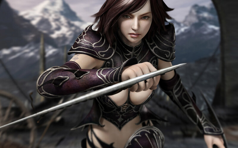 Female Warrior with Sword — Purple, Serious, 3d Render, Armor