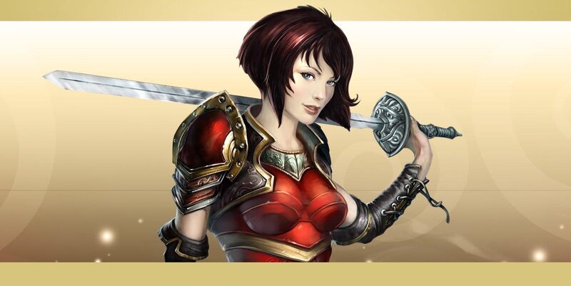 Female Warrior with Sword — Red, Confident, Digital Art