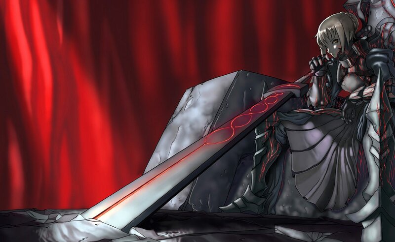 Female Warrior with Sword — Red, Dramatic, Anime, Armor, Red Curtain