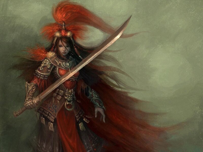 Female Warrior with Sword — Red, Dramatic, Digital Art, Armor, Cape