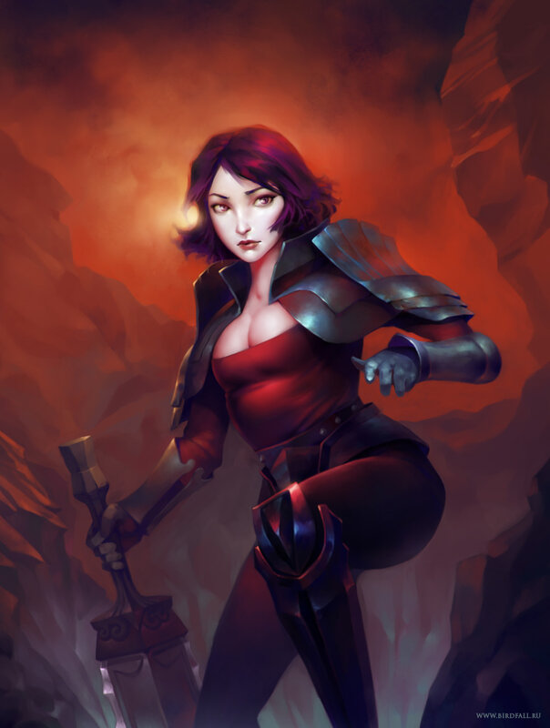 Female Warrior with Sword — Red, Dramatic, Digital Art, Armor, Cave