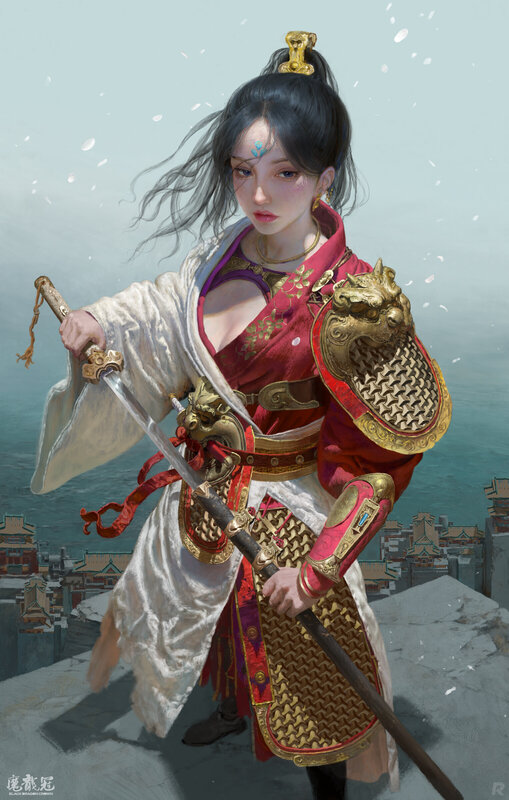 Female Warrior with Sword — Red, Dramatic, Digital Art, Armor, City