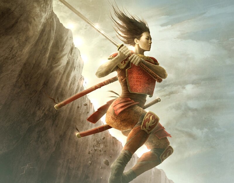 Female Warrior with Sword — Red, Dramatic, Digital Art, Armor, Cliff