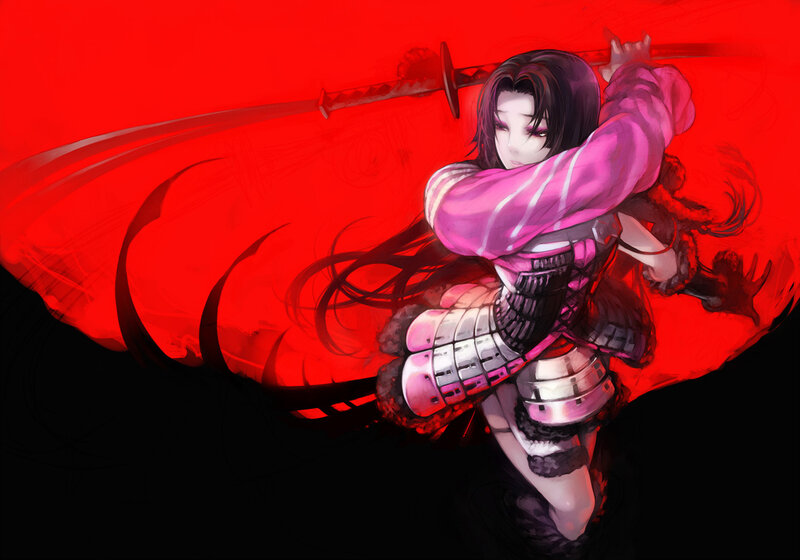 Female Warrior with Sword — Red, Dramatic, Digital Art, Armor, Long Hair, Black, Pink