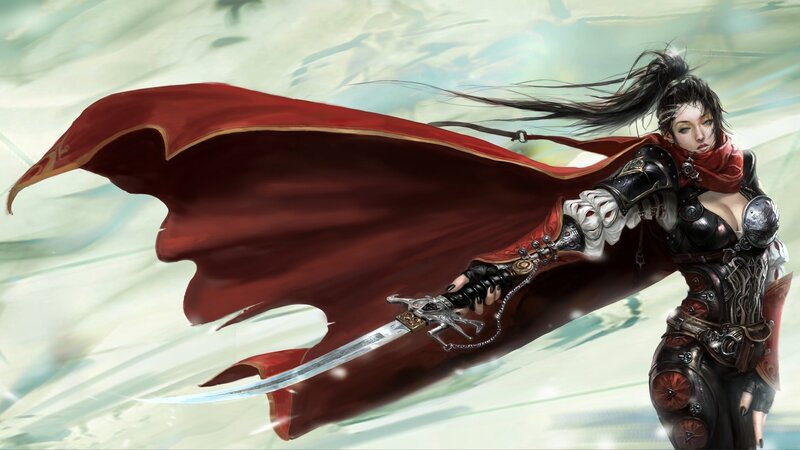 Female Warrior with Sword — Red, Dramatic, Digital Art, Cape, Armor