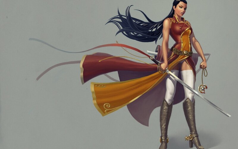 Female Warrior with Sword — Red, Dramatic, Digital Art, Cape, Boots