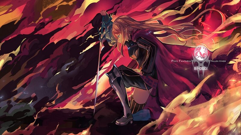 Female Warrior with Sword — Red, Dramatic, Digital Art, Cape, Fire