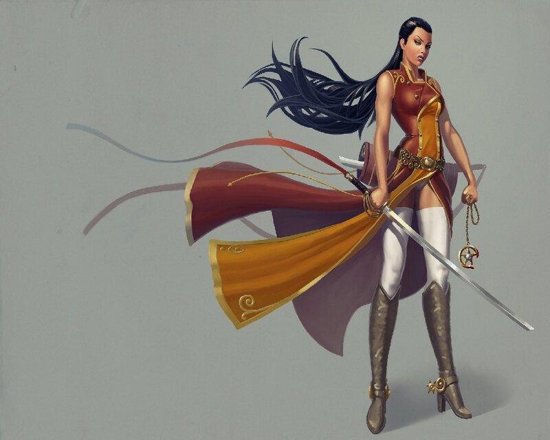 Female Warrior with Sword — Red, Dramatic, Digital Art, Cape