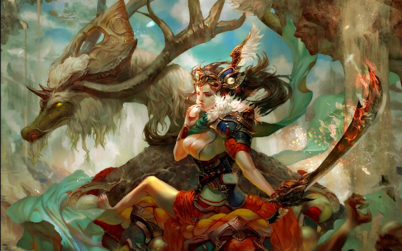 Female Warrior with Sword — Red, Dramatic, Digital Art, Dragon, Armor