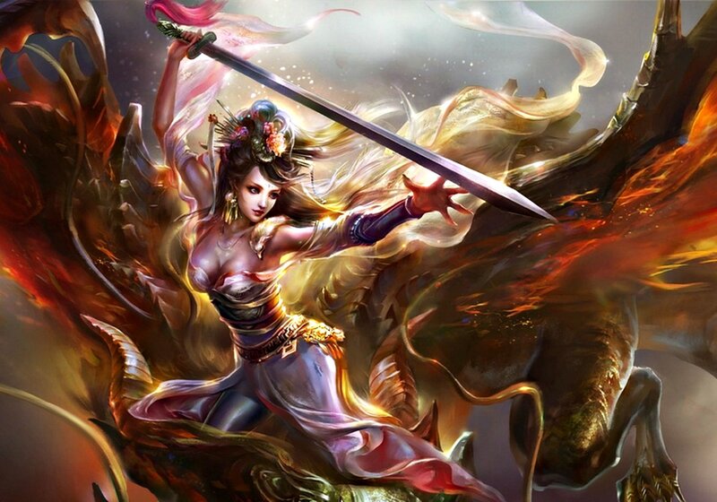 Female Warrior with Sword — Red, Dramatic, Digital Art, Dragon, Fire