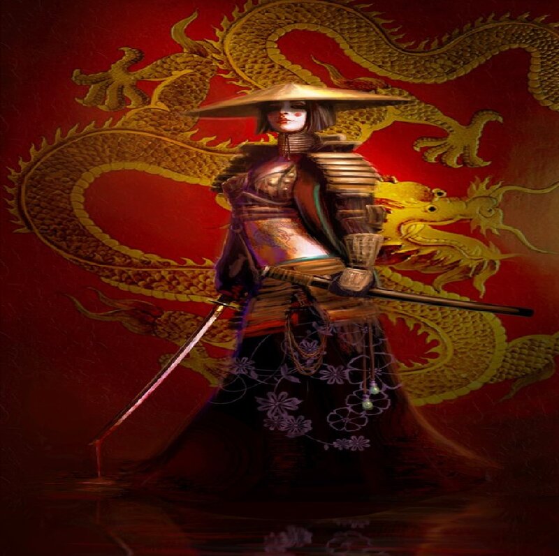 Female Warrior with Sword — Red, Dramatic, Digital Art, Dragon