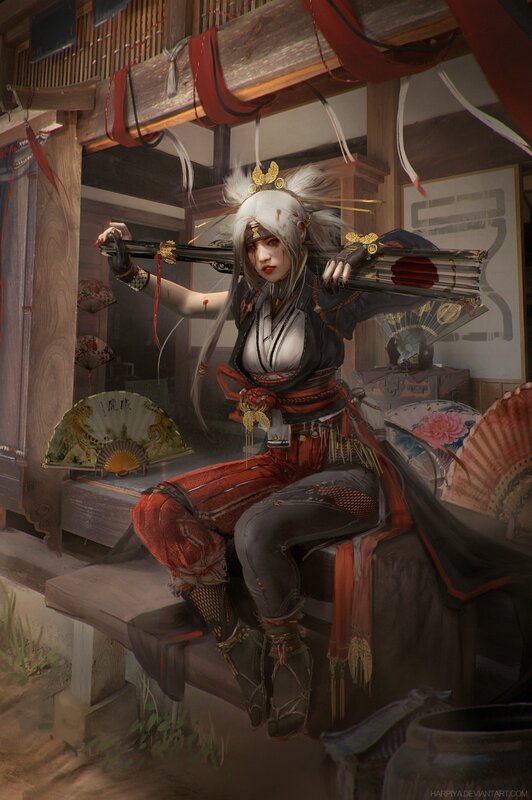 Female Warrior with Sword — Red, Dramatic, Digital Art, Fan