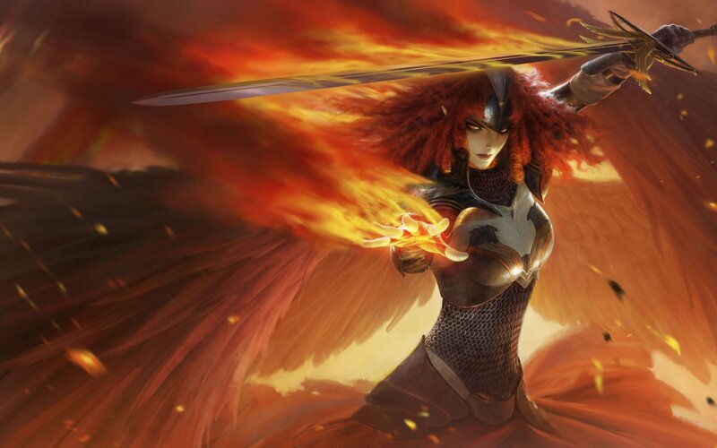 Female Warrior with Sword — Red, Dramatic, Digital Art, Fire, Wings