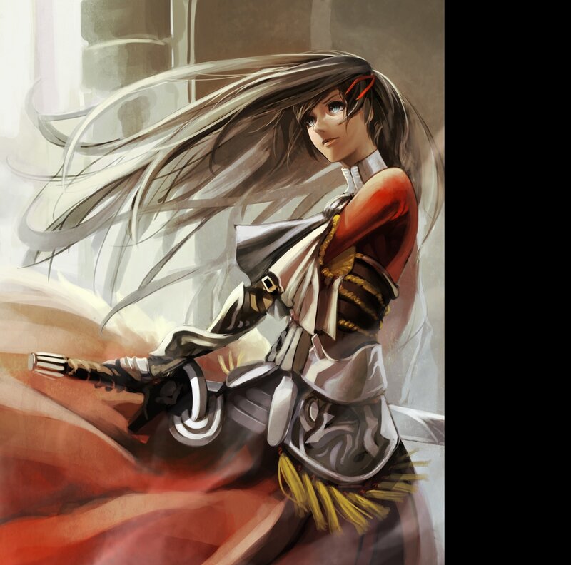 Female Warrior with Sword — Red, Dramatic, Digital Art, Long Hair