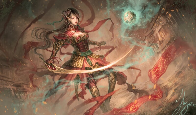 Female Warrior with Sword — Red, Dramatic, Digital Art, Magic, Ancient Buildings