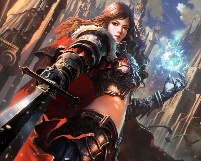 Female Warrior with Sword — Red, Dramatic, Digital Art, Magic, Castle