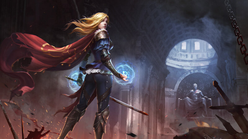 Female Warrior with Sword — Red, Dramatic, Digital Art, Magic, Statue