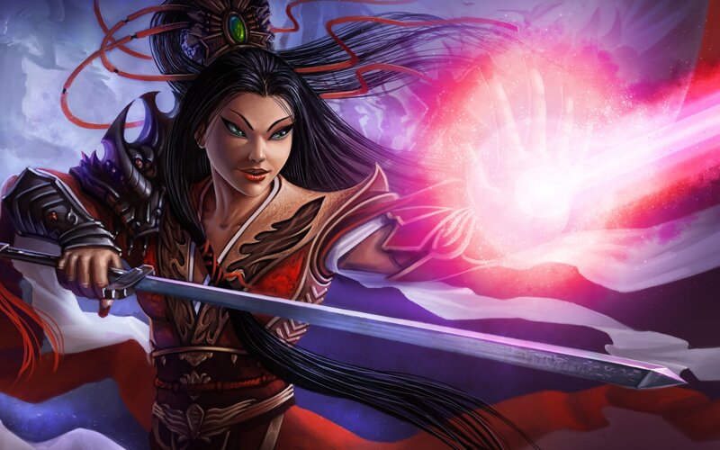 Female Warrior with Sword — Red, Dramatic, Digital Art, Magic