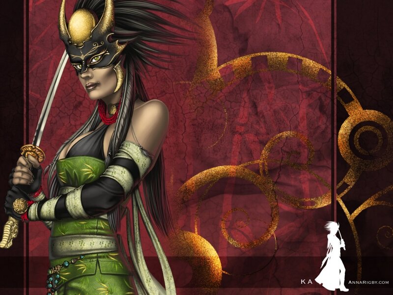 Female Warrior with Sword — Red, Dramatic, Digital Art, Mask, Green Outfit