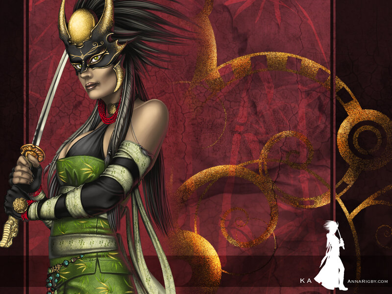 Female Warrior with Sword — Red, Dramatic, Digital Art, Mask