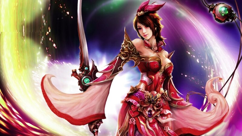 Female Warrior with Sword — Red, Dramatic, Digital Art, Mechanical Device