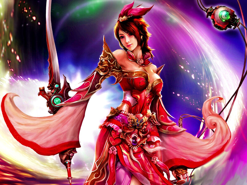 Female Warrior with Sword — Red, Dramatic, Digital Art, Robotic Device