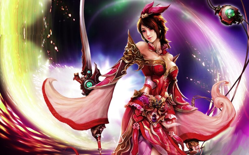 Female Warrior with Sword — Red, Dramatic, Digital Art, Robotic Eye