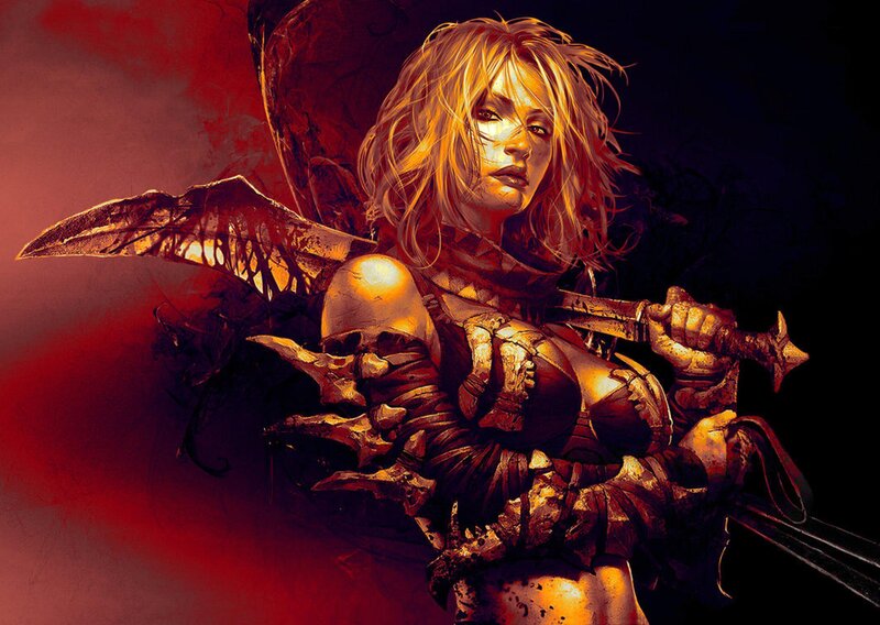 Female Warrior with Sword — Red, Dramatic, Digital Art, Skull