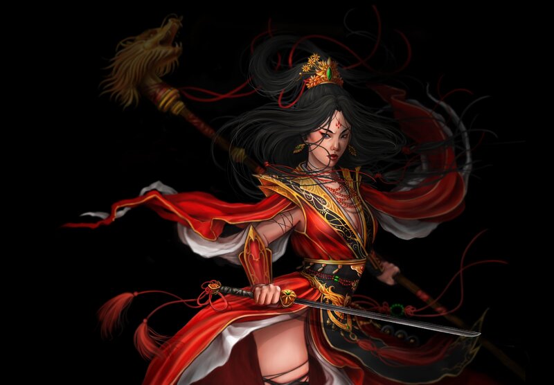 Female Warrior with Sword — Red, Dramatic, Digital Art, Staff