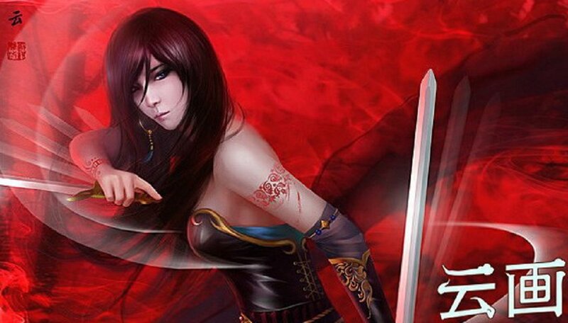 Female Warrior with Sword — Red, Dramatic, Digital Art, Tattoo